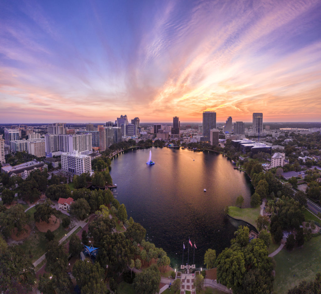 Aerial view of Lake Eola in Orlando at sunset